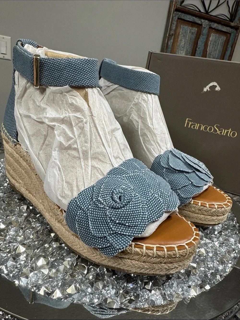 Franco Sarto clemens denim Blue Espadrille Wedge Sandals with Floral Toe NEW 9